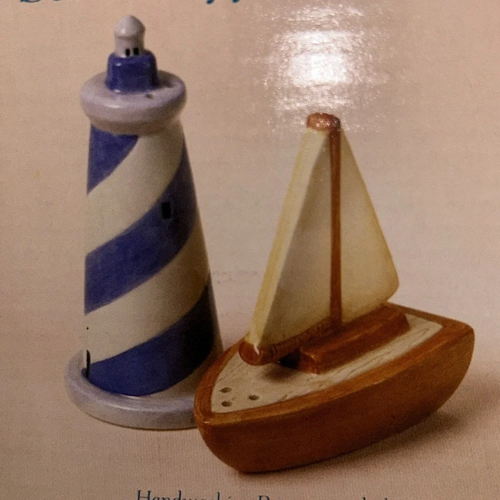 NWT Sakura Ceramic Sailboat and Lighthouse Salt and Pepper Shakers nautical